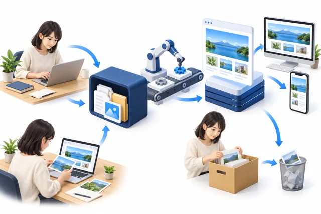 作る。公開する。更新し、片付ける。の学習内容を表した仕組みのイメージ図