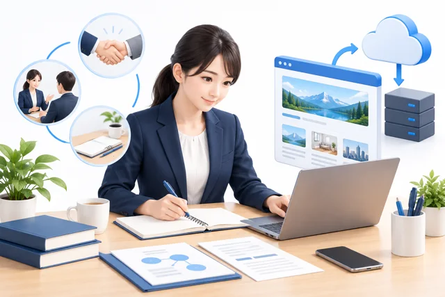 挨拶・相談・資料確認など、社会人マナーを学ぶ場面のイメージ図