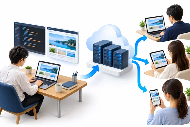 ホームページ、Firebase、Google Cloudの基本の学習内容を表した仕組みのイメージ図