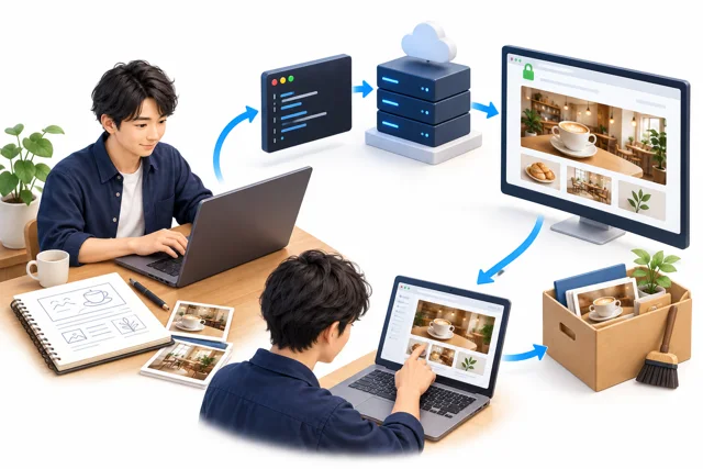 作る。公開する。更新し、片付ける。の学習内容を表した仕組みのイメージ図