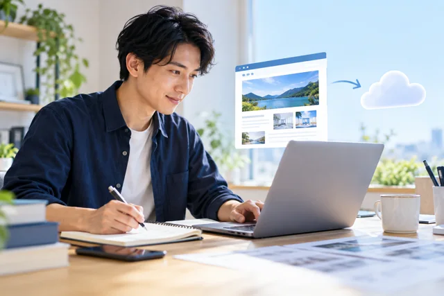 学習した内容をもとに、ホームページの制作と公開を進める場面のイメージ