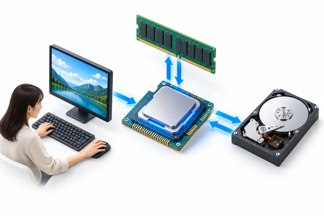 コンピューターの基礎の学習内容を表した仕組みのイメージ図