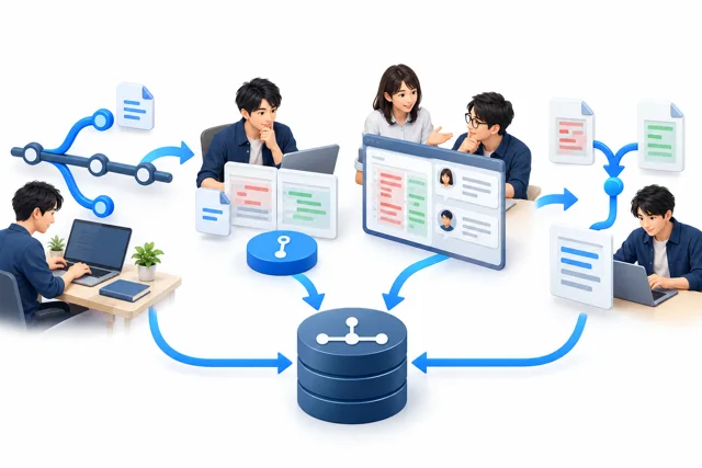 Gitとチーム開発の学習内容を表した仕組みのイメージ図