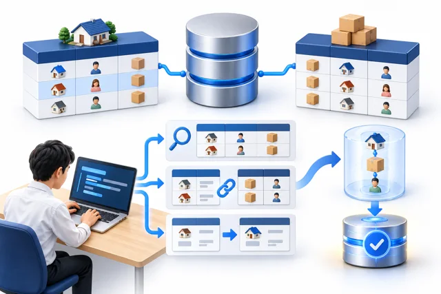 データベースとSQLの学習内容を表した仕組みのイメージ図