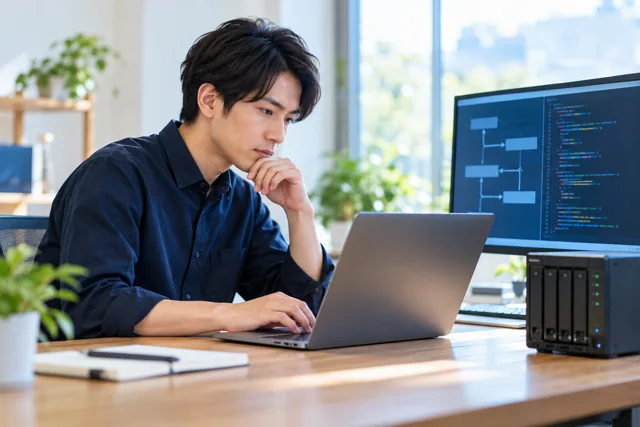 バックエンドエンジニアの学習内容を表した日本人の仕事・日常の場面