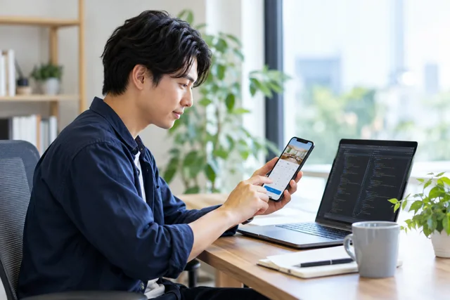 モバイルアプリエンジニアの学習内容を表した日本人の仕事・日常の場面