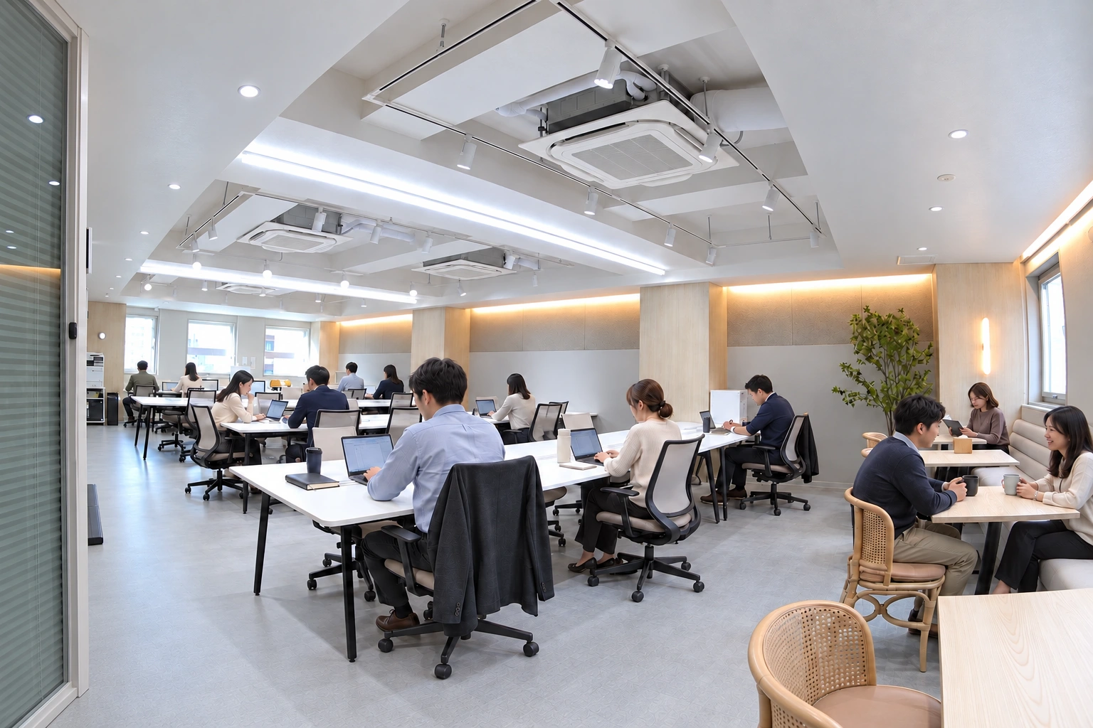 デスクで働く人と、休憩スペースで会話する人のいる田町オフィス